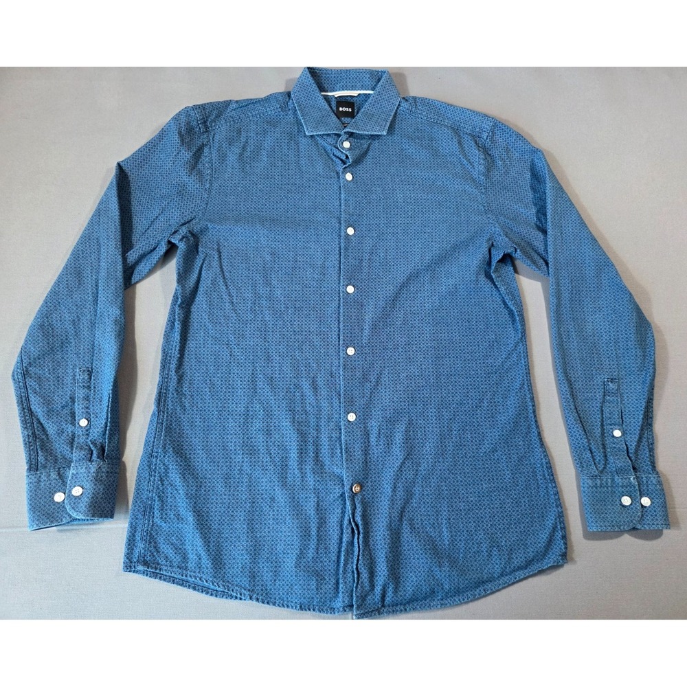 Hugo Boss Shirt Mens Large Blue Micro Dot Slim Fit Long Sleeve Dress Polo 41/16